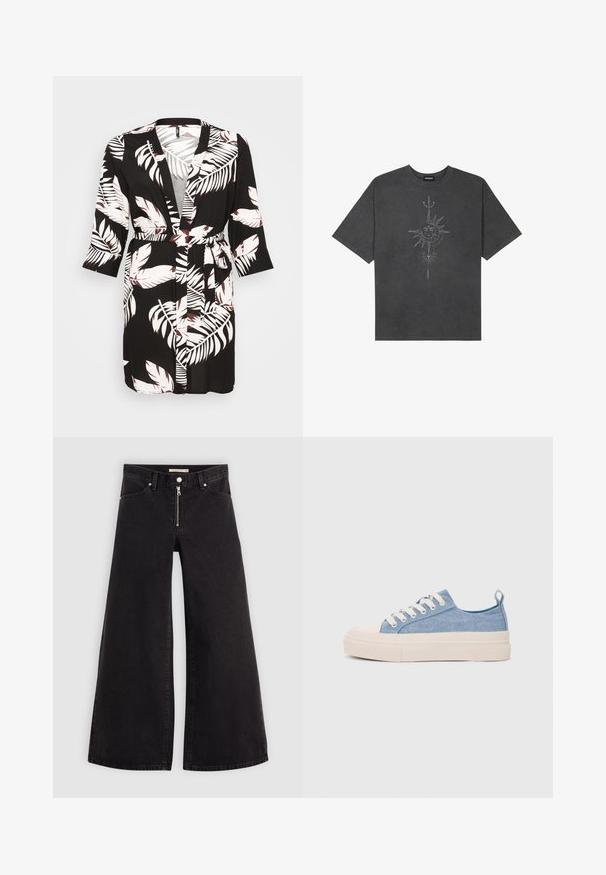 Black kimono-style robe featuring white and burgundy tropical leaf patterns. Long sleeves, belted waist, and open front design.; Dark gray oversized t-shirt made of cotton, featuring a central sun graphic with intricate line details printed on the front.; Wide-leg jeans in black denim with a zippered front, five-pocket design, and subtle stitching details. Smooth texture and casual style.; Light blue canvas sneakers with a cream rubber toe cap and outsole, featuring white laces and a pull tab on the heel.