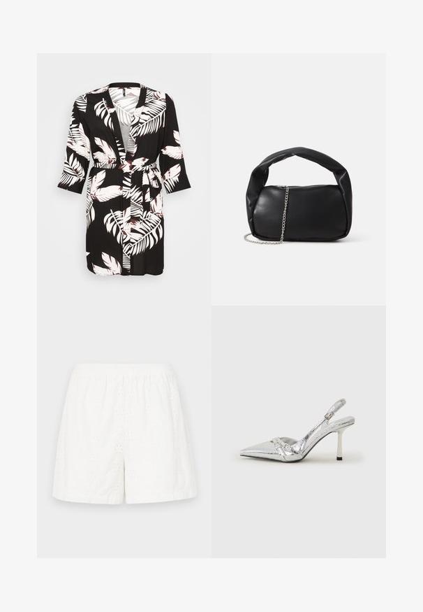 Rochie de tip kimono de culoare neagră, cu modele de frunze tropicale albe și burgundy. Mâneci lungi, talie cu curea și design deschis în față.; Top alb fără mâneci, cu decolteu rotund. Fabricat dintr-un material neted, prezintă o croială lejeră și un design minimalist. Fără modele sau accente.; Shorts din bumbac alb cu talie elastică, decorate cu modele de broderie cu ochiuri și cu o croială lejeră. Textură netedă, design până la genunchi.; Pantofii cu toc înalt, argintii, cu vârf ascuțit, finisaj metallic, două curele decorative și un toc subțire cu vârful negru.; Geantă de piele neagră, cu o formă rotunjită, mânere groase și o curea de lanț argintie. Textură netedă, cu o ușoară strălucire.