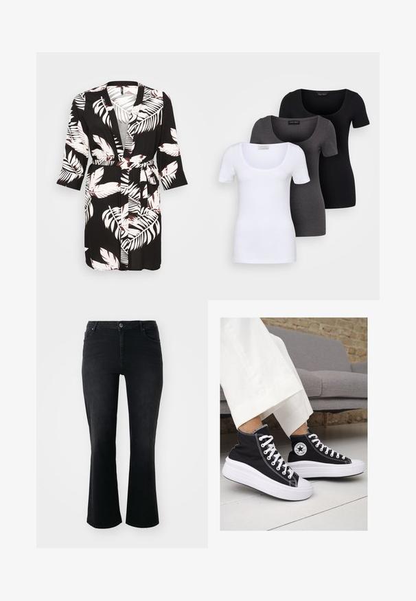 Czarny szlafrok w stylu kimono z białymi i burgundowymi wzorami tropikalnych liści. Długie rękawy, paskiem w talii i otwartym przodem.; Trzy dopasowane koszulki w kolorze białym, szarym i czarnym. Każda z nich ma szeroki dekolt w serek i krótkie rękawy. Wykonana z gładkiego, elastycznego materiału.; Czarne dżinsy o średnim stanie, z przednim guzikem, dwoma przednimi kieszeniami, dwoma tylnymi kieszeniami i rozkloszowanym krojem nogawki.; Czarne trampki typu high-top z białą gumową podeszwą i sznurowadłami. Posiadają okrągłe logo z boku oraz kontrastujące białe szwy.