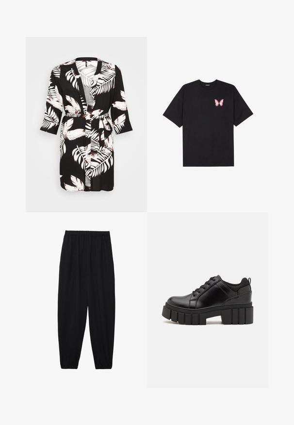 Black kimono-style robe featuring white and burgundy tropical leaf patterns. Long sleeves, belted waist, and open front design.; Black cotton t-shirt with short sleeves, featuring a small pink butterfly graphic on the left chest. Crew neck design with a relaxed fit.; Black, lightweight pants with an elastic waistband and gathered ankles. The fabric is smooth and features a relaxed, tapered design.; Black leather platform shoes with a chunky block heel, round toe, and traditional lace-up design. Features smooth texture and minimal detailing.