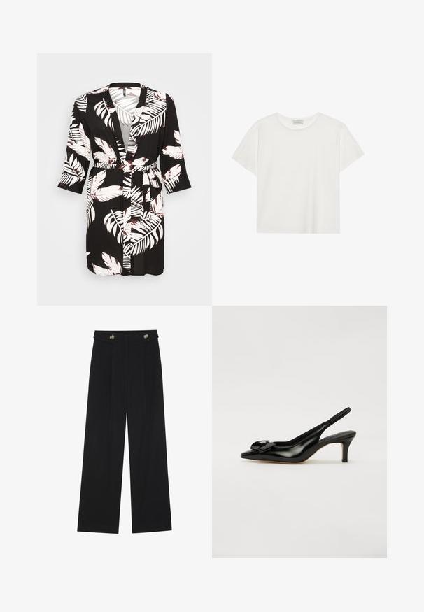 Zwarte kimono-achtige robe met witte en bordeauxrode tropische bladerenpatronen. Lange mouwen, ceintuur in de taille en een open voorkant.; Witte T-shirt met korte mouwen, gemaakt van zachte katoen. Heeft een ronde halslijn en een relaxte pasvorm. Schoon ontwerp zonder zichtbare patronen of accenten.; Zwarte wijde broek met hoge taille, knoopdetails op de tailleband en plooien aan de voorkant.; Zwarte lakleren slingback schoen met een spitse neus, kleine hak en een opvallende strikaccent op de voorkant. Glad textuur en slank ontwerp.