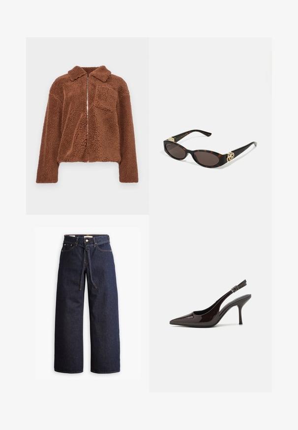 Bruine fleecejas met een ritssluiting aan de voorkant, kraag en één borstzak. De stof heeft een zachte, gestructureerde uitstraling, geschikt voor casual draag.; Blauw gestreepte overhemden met kraag, lange mouwen en een afgeronde zoom. De stof lijkt glad en lichtgewicht. Knopsluiting aan de voorkant.; Wijd pijpjes donkerblauwe denim jeans met een hoge taille, voorzien van een trekkoord, vijf zakken en contrasterende stiksels.; Slingback hoge hak schoen in glanzend donkerbruin patentleer, puntige neus, open zijkanten en verstelbare enkelband.; Schildpadbril met langwerpige ovale lenzen, bruine tint, gouden logo-accenten op de pootjes en slanke zwarte armen.; Bruine handtas met een patroon, van een gestructureerde stof, bruine leren schouderriem en een gouden logo detail op een beige achtergrond. Gebogen, gestructureerde vorm.