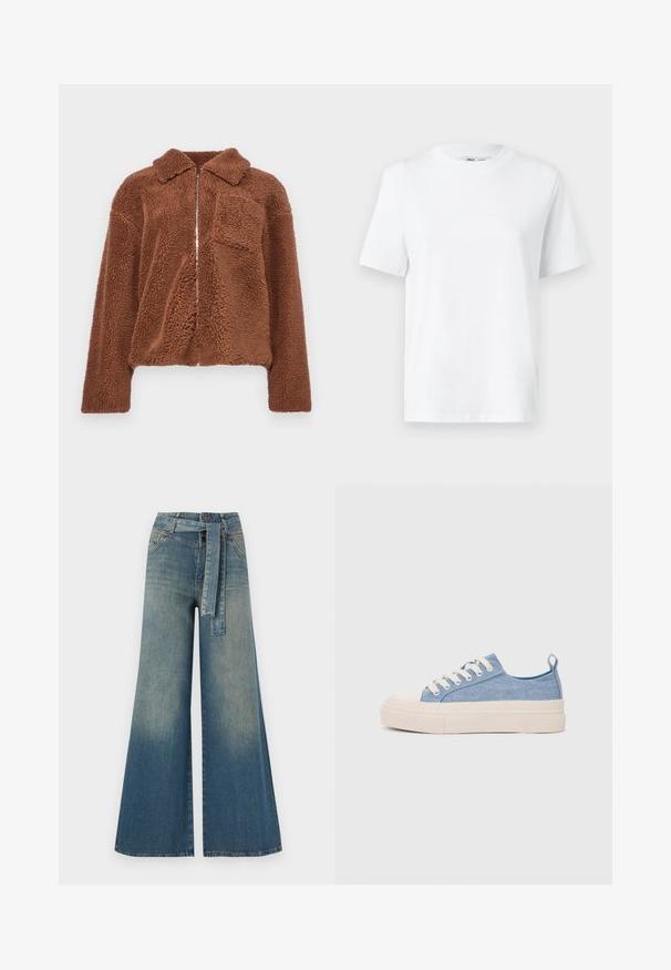 Brązowa polarowa kurtka z zamkiem z przodu, kołnierzem i jedną kieszenią na piersi. Materiał ma miękką, teksturowaną fakturę, odpowiednią do codziennych stylizacji.; Biała bawełniana koszulka z okrągłym dekoltem, z krótkim rękawem i gładką fakturą. Zaprojektowana w luźnym kroju dla komfortu i wszechstronności.; Szerokie spodnie dżinsowe z gradientem od jasnoniebieskiego do ciemnoniebieskiego, wysokim stanem, szlufkami na pasek oraz pasującym paskiem z tkaniny. Teksturowany wykończenie dżinsu.; Jasnoniebieskie płócienne sneakersy z kremowym czubkiem z gumy i podeszwą, z białymi sznurówkami i pętelką na pięcie.