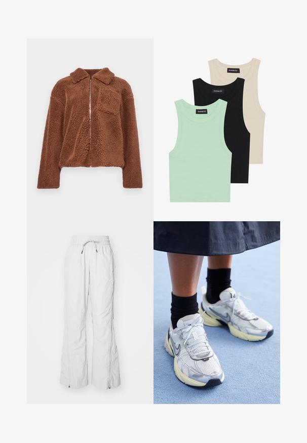 Brun fleecejakke med lynlås foran, krave og en brystlomme. Stoffet har en blød, struktureret overflade, der er velegnet til afslappet brug.; Tre tank toppe i mintgrøn, sort og beige; lavet af ribbet stof med rund hals og uden ærmer. Mærket er synligt.; Lys grå cargo bukser lavet af tekstureret stof, med en elastisk talje med snoretræk, sidelommer og lynlåse ved anklerne.; Hvide og sølv Nike sneakers med mesh-stof, reflekterende detaljer og en beige sål. Bæres med sorte sokker og står på en blå overflade.