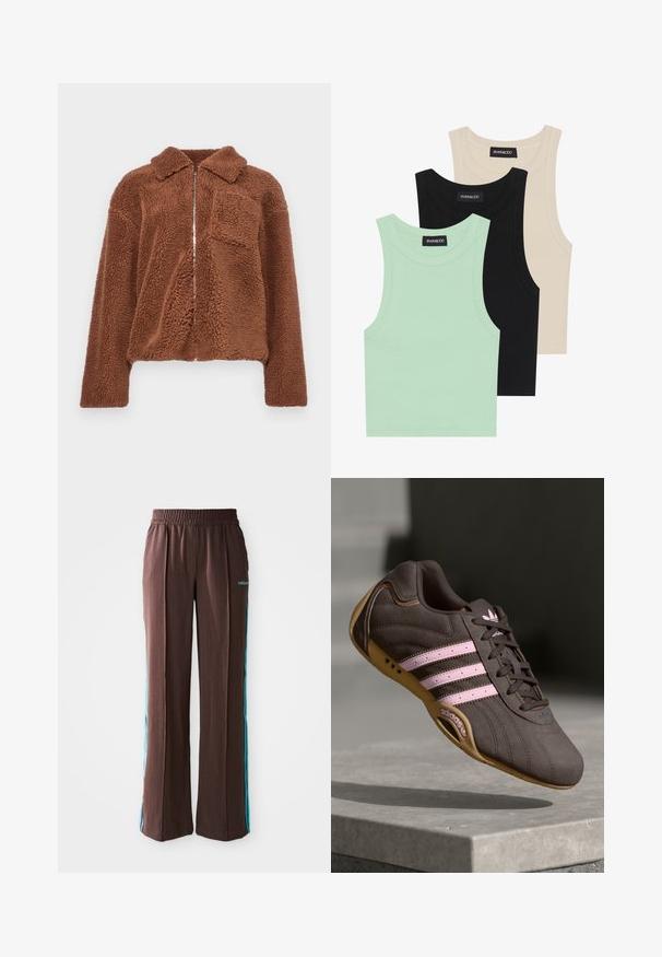 Braune Fleecejacke mit Reißverschluss vorne, Kragen und einer Brusttasche. Der Stoff hat ein weiches, strukturiertes Aussehen und ist für legere Kleidung geeignet.; Drei Tanktops in Mintgrün, Schwarz und Beige; aus geripptem Stoff mit Rundhalsausschnitt und ohne Ärmel. Markenlabel sichtbar.; Braune Sporthosen mit gerippter Textur, elastischem Bund und türkisfarbenen Seitenstreifen. Mit dem adidas-Logo auf der Vorderseite.; Braune Wildleder-Sportschuhe mit pinken Streifen und Logo, featuring eine strukturierte Oberseite, Schnürung und einer Sohle aus Gummi.
