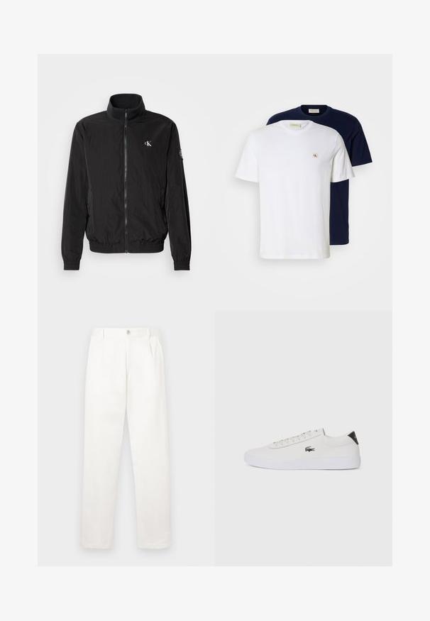 Juodas susegamas džemperis su aukšta apykakle, pagamintas iš lengvos medžiagos. Turėdamas elastingas rankoves ir apatinius kraštus, priekrūtinėje yra mažas logotipas.; Du mieliniai medvilniniai marškiniai su apvaliu kaklu; vieni yra balti su mažu logotipu, kiti - tamsiai mėlyni. Abu turi trumpas rankoves ir laisvą siluetą.; Balti kelni, pagaminti iš lygaus audinio, turi tiesią kojos konstrukciją, priekinę klostę ir vieną mygtuką juosmens srityje.; Balti odiniai sportbačiai su apvalia nosimi, raištelių užsegimu priekyje ir juodu akcentu ant kulno. Šone yra mažas išsiuvinėtas krokodilo logotipas.