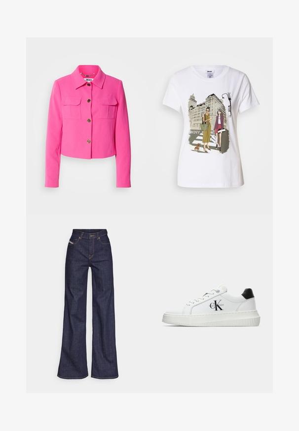 Giacca fucsia corta con colletto, due tasche sul petto e bottoni dorati. Tessuto liscio con vestibilità strutturata e maniche lunghe.; T-shirt bianca in cotone con un'illustrazione stampata di due donne in stili di moda urbana con un cane su un attraversamento pedonale e edifici della città.; Jeans a gamba larga di denim blu scuro con vita alta, caratterizzati da cuciture arancioni, design a cinque tasche e chiusura con bottone.; Sneaker bassa bianca con tassello nero sul tallone, suola a piattaforma, lacci e logo "CK" di Calvin Klein sul lato.