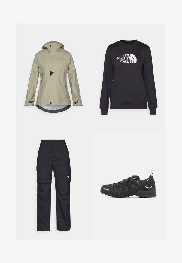 Helebeež värviga veekindel jope, millel on kapuuts, lukuga taskud, reguleeritavad mansetid ja geomeetriline disain ees.; Mustaskreenist, ümar kael, pikad varrukad, soonikuga mansetid ja valge "The North Face" logo, mis on keskel ees. Sile tekstuur.; Mustad nailonist valmistatud eemaldatavad cargo-püksid, reguleeritavate pahkluudega, mitmete taskutega ja paremal jalal logoga. Sile, kerge tekstuur.; Mustad matkajalatsid tekstuurse kangas ülaosaga, sidumisüsteemiga ja jäiga kummitaldiga. Kaunistatud peegeldavate detailide ja logodega.