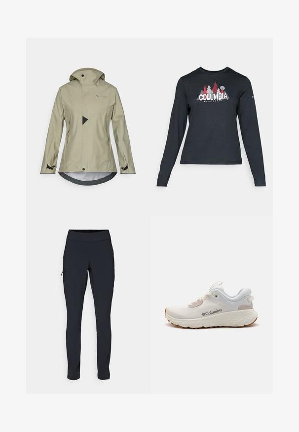 Light beige waterproof jacket with a hood, zippered pockets, adjustable cuffs, and a geometric design on the front.; Long-sleeve dark gray shirt with a graphic of red trees and mountains; "COLUMBIA" logo in bold white text. Soft fabric, standard crew neck.; Black athletic pants with a slim fit, elastic waistband, and a side pocket featuring a zipper. Smooth, stretchy fabric with minimal seams.; Lightweight Columbia athletic shoe in white mesh with a textured gray sole and rubber traction. Features a padded collar and lace-up design.