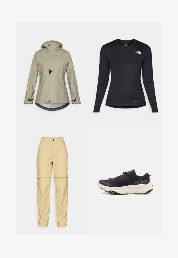Giacca impermeabile beige chiaro con cappuccio, tasche con zip, polsini regolabili e un design geometrico sul davanti.; The North Face SHADOW LONG SLEEVE - Maglietta a manica lunga - black; Pantaloni cargo beige realizzati in tessuto leggero, con lati con cerniere, chiusura con bottone e logo sulla coscia destra.; Scarpe da ginnastica nere con tomaia in mesh traspirante, suola in gomma, intersuola bianca ammortizzante e lacci riflettenti. Logo Vibram sulla suola.
