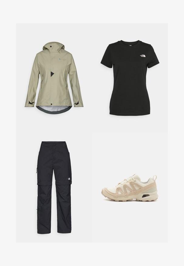 Light beige waterproof jacket with a hood, zippered pockets, adjustable cuffs, and a geometric design on the front.; Black cotton t-shirt featuring a crew neckline and short sleeves. Notable white logo on the upper left side. Smooth texture, casual fit.; Black nylon zip-off cargo trousers with adjustable cuffs, multiple pockets, and a logo on the right leg. Smooth, lightweight texture.; Beige and cream athletic shoe with textured mesh upper, supportive overlays, and rubber outsole featuring a tread pattern for traction.