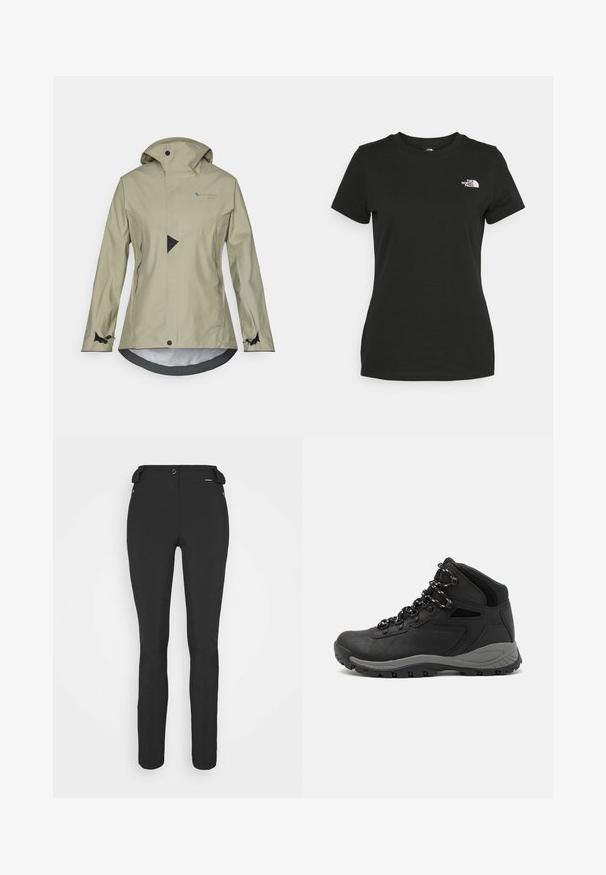 Šviesiai smėlio spalvos vandeniui atsparus parkas su kapišonu, užtraukiamomis kišenėmis, reguliuojamais rankogaliais ir geometriniu raštu priekyje.; Juodas medvilninis marškinėliai su apvalia apykakle ir trumpomis rankovėmis. Išskirtinis baltas logotipas viršutinėje kairėje pusėje. Sklandus tekstūra, laisvas pritaikymas.; Juodos, prigludusios kelnės, pagamintos iš lankstaus medžiagos. Ypatybės: šoninis kišenės užtrauktuku, suformuotos kelių sritys ir lygi tekstūra.; Juodas žygio botas su vidutinio aukščio dizainu, pasižymintis tekstūruota viršutine dalimi, pilkų akcentų ir patvaria guma padanga su sukibimo gumbais.