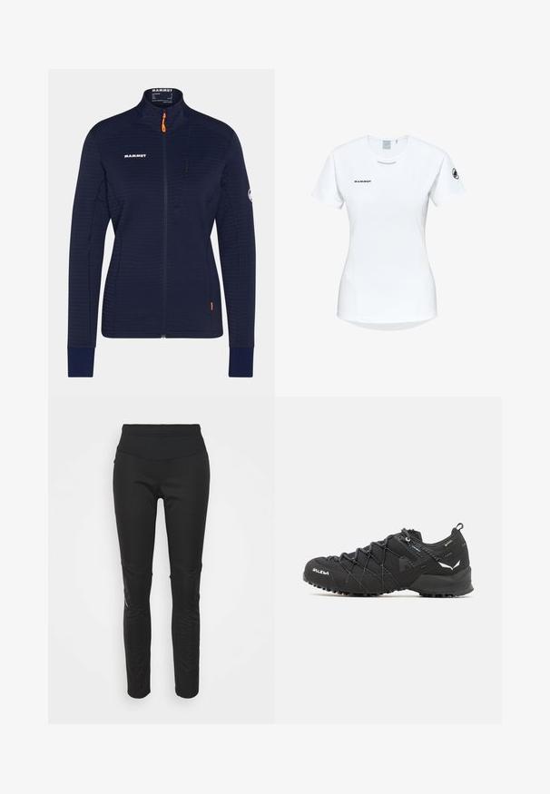Marineblauwe fleecejack met een hoge kraag, verticale ritszakken en een contrasterende oranje ritslip. Ribbelstructuur over het hele jack.; Korte mouwen witte sportshirt met een ronde halslijn, voorzien van een logo op de borst en een gladde, lichte stoftextuur.; Zwarte atletische legging met een hoge tailleband, een gladde textuur, logo-detailles en accenten in de zijpanelen voor extra visueel belang.; Zwarte wandelschoenen met een bovenkant van textuurstof, een vetersysteem en een robuuste rubberen zool. Verfraaid met reflecterende details en logo's.