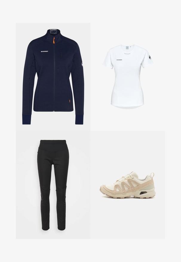 Dunkelblaue Fleecejacke mit hohem Kragen, vertikalen Reißverschlusstaschen und kontrastierendem orangen Reißverschlussanhänger. Durchgehende gerippte Textur.; Kurzärmliges weißes Sportshirt mit Rundhalsausschnitt, das ein Logo auf der Brust und eine glatte, leichte Stofftextur aufweist.; Schwarze Sportleggings mit hohem Bund, glatter Textur, Logodetail und seitlichen Paneelen für zusätzlichen visuellen Reiz.; Beige und cremefarbenen Sportschuh mit strukturiertem Mesh-Obermaterial, unterstützenden Überzügen und Gummisohle mit einem Profilmuster für Bodenhaftung.