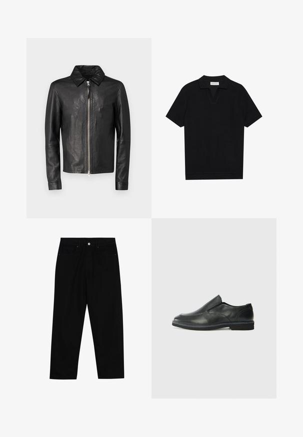 Svart läderjacka med dragkedja fram, spetsig krage och långa ärmar. Slät textur och minimalistisk design, utan mönster eller accenter.; Svart kortärmad polo t-shirt i en texturerad, ribbad tyg, med en v-ringning och rak fåll. Inga synliga logotyper eller mönster.; Svarta denimbyxor med rak passform, femficksdesign och framknäppning. Slät textur med minimala sömdetaljer.; Svart lädersko i slip-on-modell med en slät ovandel, sömnadsdetaljer, rund tå och låg gummihäl. Sulan har minimal mönstring.