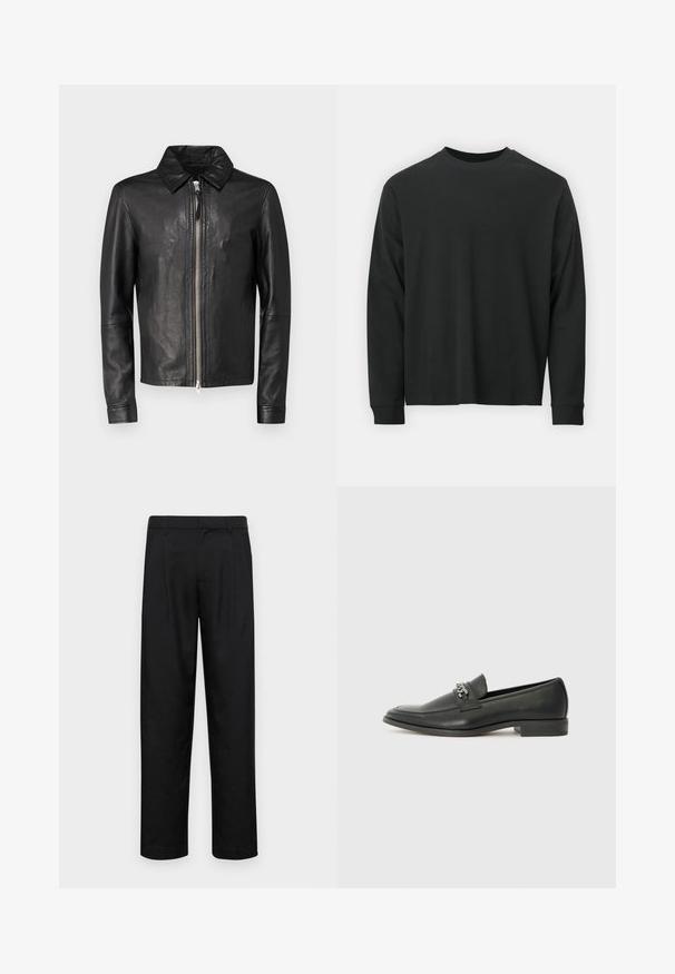 Mustat nahkatakit, joissa on vetoketjukiinnitys, pistekaulus ja pitkät hihat. Sujuva pinta ja minimalistinen muotoilu, ilman kuvioita tai koristeita.; Pitkähihaine musta T-paita, joka on valmistettu puuvillasta. Tässä paidassa on pyöreä pääntie, rento istuvuus ja ribbikuvioidut hihansuut. Pintakuvasto on sileä ilman näkyviä kuvioita.; Mustat housut, jotka on valmistettu sileästä kankaasta, suoran lahkeen muotoilulla, kahdella etupleekillä ja tavanomaisella vyötäröllä, jossa on vyölenkit.; Musta nahkakengät, joissa on sileä pinta, koristeelliset ompeleet ja metalliketjun yksityiskohta kengän päällä. Littee korko.