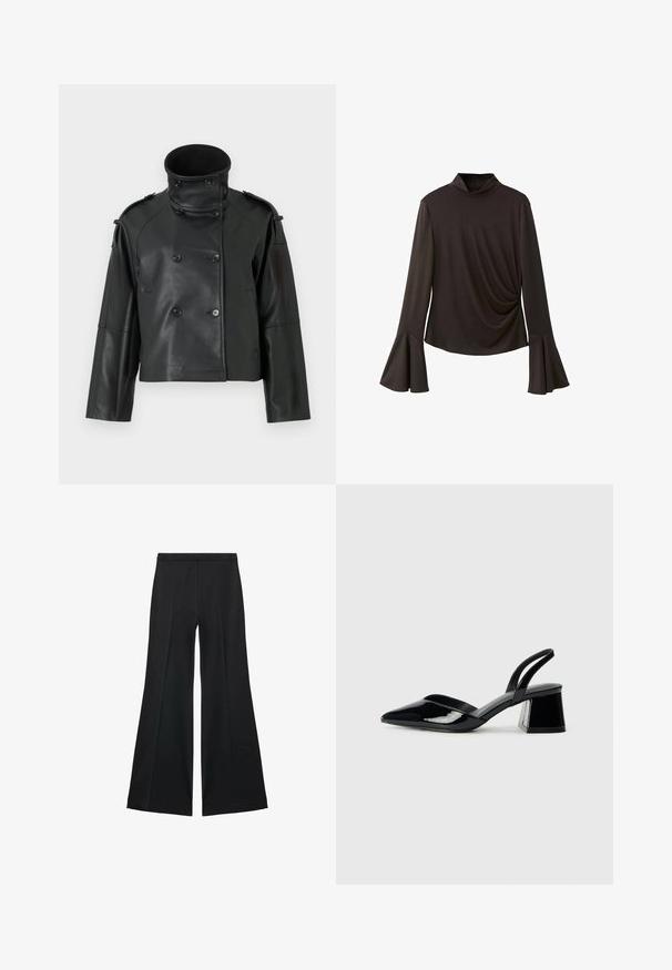 Giubbotto di pelle nera con colletto alto, design doppiopetto, grandi bottoni e spalline. Texture liscia, lunghezza cropped.; Top nero a maniche lunghe con un collo alto, dotato di maniche svasate e dettagli arricciati sui lati per un tocco di texture. Realizzato in tessuto elastico.; Pantaloni neri a gamba larga con una texture liscia, caratterizzati da pieghe frontali e un design sartoriale. Il tessuto è leggero e fluido.; Décolleté in vernice nera con punta affusolata e tacco in geometria cubica. Presentano un design elegante e minimalista, con una texture liscia.