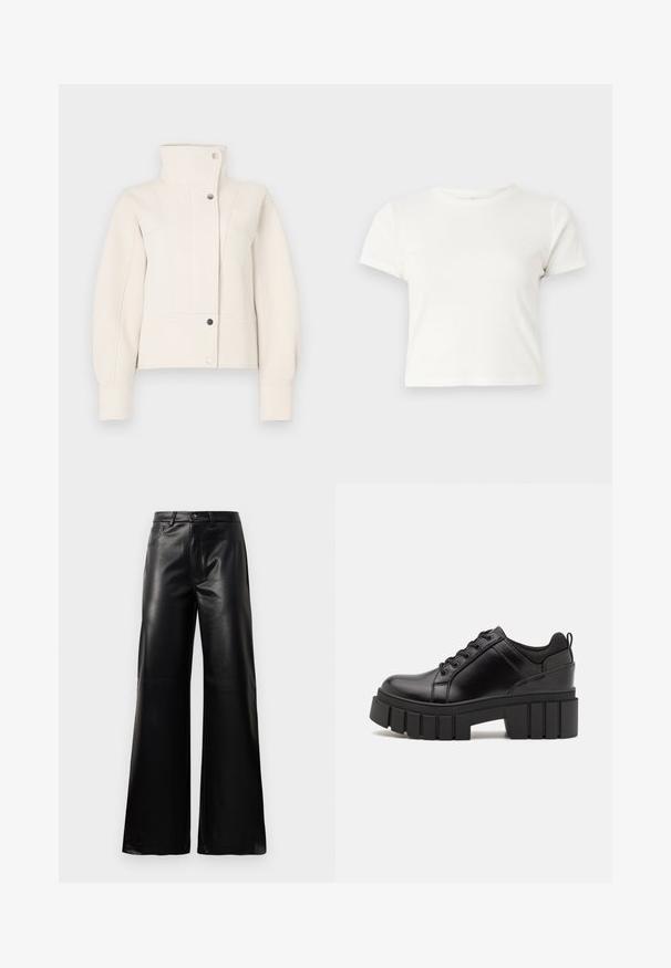 Jachetă scurtă de fildeș cu guler înalt, modele texturate diagonale, butoane tip snap și mâneci ajustate. Material neted cu un design structurat.; Tricou scurt, alb, din bumbac, cu mâneci scurte, decolteu rotund și margine dreaptă, având o textură netedă și un design minim.; Pantaloni negri cu talie înaltă, largi, din piele sintetică, cu nasture frontal, închidere cu fermoar, bucle pentru centură și buzunare laterale pe fundal alb.; Pantofi cu talpă plată din piele neagră, cu toc gros, vârf rotund și design tradițional cu șireturi. Prezintă o textură netedă și detalii minime.
