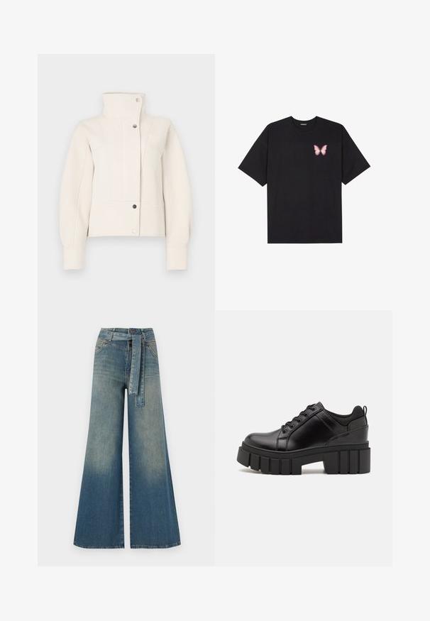 Chaqueta corta de marfil con un alto cuello, patrones texturizados diagonales, botones de presión y mangas ajustadas. Tejido suave con un diseño estructurado.; Camiseta de algodón negra de manga corta, con un pequeño gráfico de mariposa rosa en el lado izquierdo del pecho. Diseño de cuello redondo con un corte relajado.; Pantalones de mezclilla de pierna ancha con un degradado de azul claro a oscuro, cintura alta, trabillas para cinturón y un cinturón de tela a juego. Acabado de mezclilla texturizada.; Zapatos de plataforma de cuero negro con un tacón cuadrado grueso, punta redonda y diseño tradicional de cordones. Presenta una textura suave y un detalle minimalista.