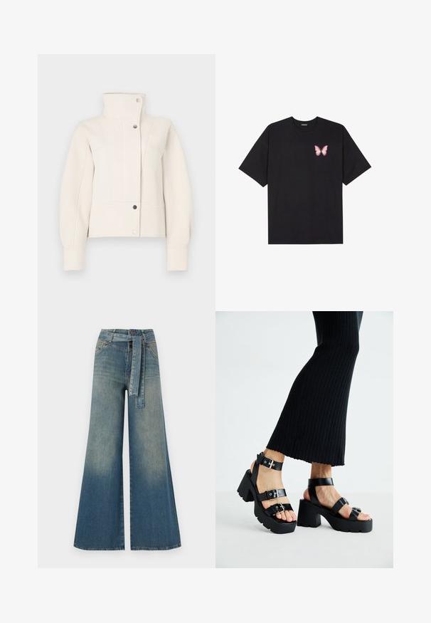 Ivory cropped jacket with a high collar, diagonal textured patterns, snap buttons, and fitted sleeves. Smooth fabric with a structured design.; Black cotton t-shirt with short sleeves, featuring a small pink butterfly graphic on the left chest. Crew neck design with a relaxed fit.; Wide-leg denim trousers featuring a light to dark blue gradient, high waist, belt loops, and a matching fabric belt. Textured denim finish.; Black platform sandals with chunky, lug soles and multiple straps, featuring metal buckles and a smooth leather-like texture.