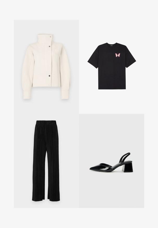 Elfenbeinfarbene, cropped Jacke mit hohem Kragen, diagonalen strukturierten Mustern, Druckknöpfen und taillierten Ärmeln. Glattes Material mit strukturiertem Design.; Schwarzes Baumwoll-T-Shirt mit kurzen Ärmeln, das ein kleines pinkes Schmetterlingsmotiv auf der linken Brust zeigt. Crewneck-Design mit einem entspannten Schnitt.; Schwarze plissierte Hose mit elastischem Bund. Verfügt über weite Hosenbeine und einen glatten, strukturierten Stoff mit vertikalen Streifen.; Schwarze Lackleder-Slingback-High Heels mit spitzem Schuh und einem geometrischen Blockabsatz. Verfügt über ein schlankes, minimalistisches Design und eine glatte Textur.