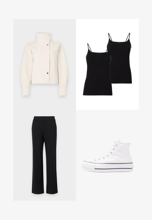 Giacca corta di colore avorio con colletto alto, motivi texture diagonali, bottoni a pressione e maniche aderenti. Tessuto liscio con un design strutturato.; Due magliette nere con spalline sottili, realizzate in tessuto morbido, caratterizzate da un design aderente e una texture liscia, ideali per essere indossate a strati.; Pantaloni neri a zampa d'elefante con una texture liscia, vita media e tasche laterali. Design semplice senza motivi o decorazioni.; Sneaker alta in tela bianca con suola in gomma nera, punta in gomma frontale e sei asole per i lacci, caratterizzata da un design pulito e minimalista.