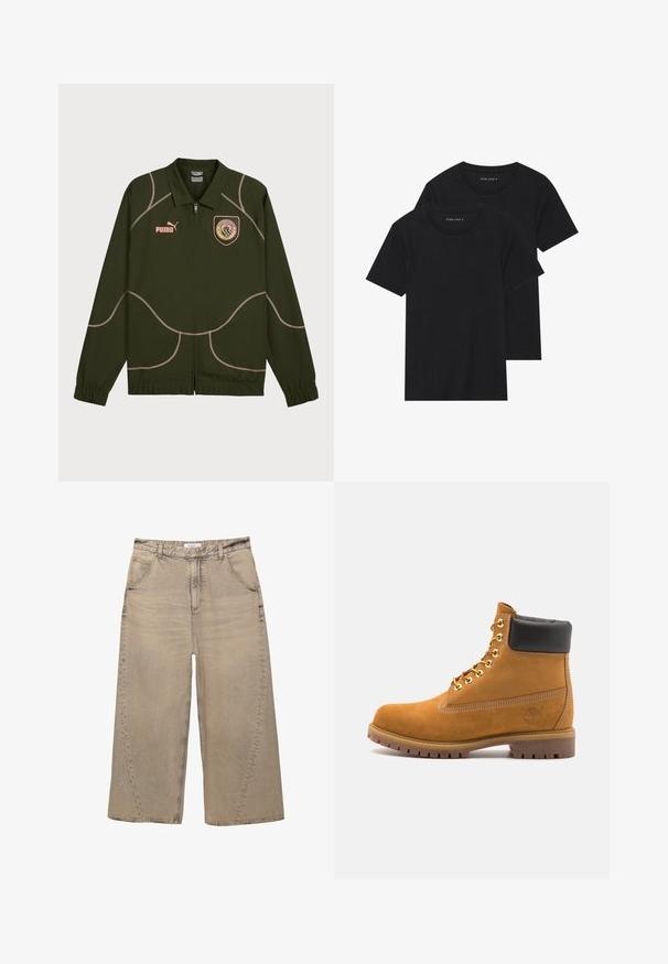 Mørkegrøn jakke med lynlås foran, med lyserøde stikninger, krave og broderet logo på brystet. Elastiske manchetter ved ærmerne.; To sorte bomulds t-shirts med korte ærmer, rund halsudskæring og en glat tekstur, vist stablet sammen.; PULL&BEAR MEGA BAGGY - Baggy jeans - light grey; Tan nubuck ankelstøvle med sort polstret krave, gyldne metaløjer, hvid syning detaljer og robust gummisål med udtalte slidbaner.