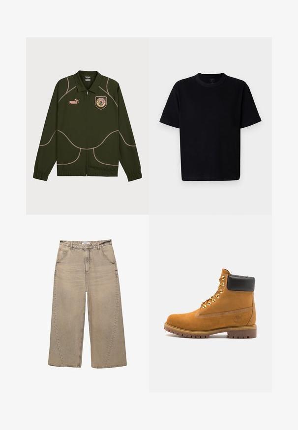 Sötétzöld dzseki elülső cipzárral, világos rózsaszín varrással, gallérral és hímzett logóval a mellkason. Rugalmas mandzsetták az ujjaknál.; Fekete pamut póló, kerek nyakkivágással, rövid ujjakkal és egyenes szabással. Minimalista varrással és puha, sima textúrával rendelkezik.; PULL&BEAR MEGA BAGGY - Túlméretezett farmernadrág - light grey; Barna velúr bokacipő fekete párnázott gallérral, arany fém fűzőlyukakkal, fehér varrási részletekkel és durva gumitalppal, amelynek kifejezett barázdái vannak.
