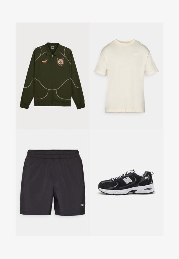 Tmavě zelená bunda s předním zipem, s jemně růžovým šitím, límcem a vyšitým logem na hrudi. Elastické manžety na rukávech.; Krátký rukáv krémové tričko vyrobené z měkké bavlny, s kulatým výstřihem a malým vyšitým logem na hrudi. Hladká textura, uvolněný střih.; Černé sportovní šortky s elastickým pasem, vyrobené z lehkého materiálu, s malým bílým logem na spodní straně.; Černé a šedé sportovní boty s síťovinovou a semišovou svrškem, se bílou mezipodešví, šňůrkami a výrazným logem "N" na boku.