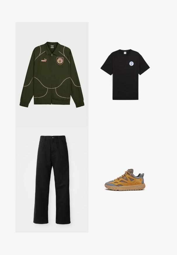 Mørkegrøn jakke med lynlås foran, med lyserøde stikninger, krave og broderet logo på brystet. Elastiske manchetter ved ærmerne.; Sort bomulds T-shirt med korte ærmer, rund hals og et rundt blåt logo på venstre brystområde. Glat tekstur og afslappet pasform.; Sorte denimbukser med lige snit, der har frontlommer, lynlås og en enkelt knap i toppen. Struktureret stof med en mat finish.; Vandre sko med en grå tekstil overdel og gule ruskindsdetaljer. Har en tekstureret gummisål med et zigzag-mønster for greb.