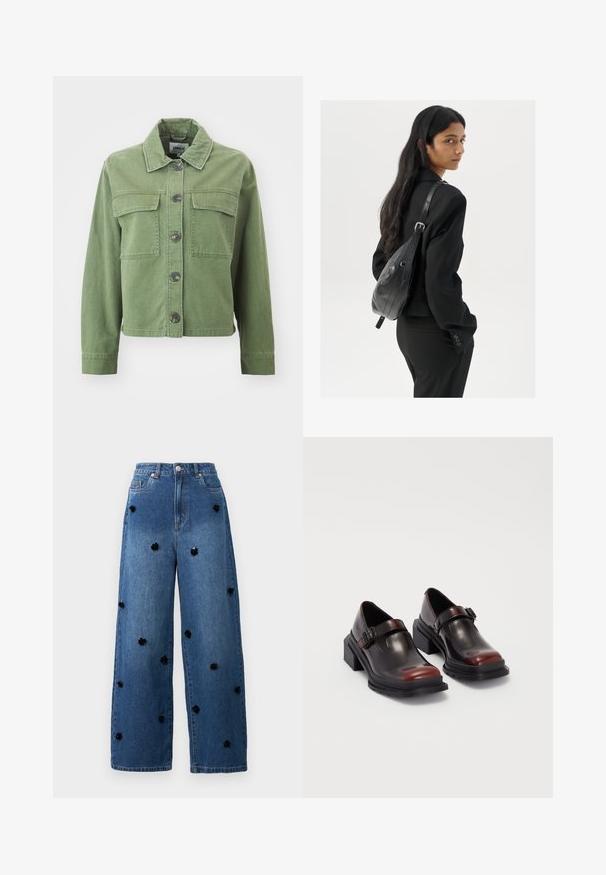 Zelená denimová bunda s límečkem, zapínáním na knoflíky, dvěma hrudními kapsami a dlouhými rukávy s knoflíkovými manžetami. Hladká textura a zkrácený design.; Černý body s dlouhým rukávem a vysokým límcem, s pevným materiálem na trupu a průhlednými síťovanými rukávy, navržený v přiléhavém střihu.; Džíny s širokými nohavicemi z modrého denimu s černými květinovými aplikacemi rozptýlenými po látce. Mají vysoký pas a klasický design se pěti kapsami.; Kožené boty na blokovém podpatku s lesklým tmavě burgundským povrchem, vybavené páskem na přezku a designem s kulatou špičkou. Texturovaná podrážka pro lepší přilnavost.; Žena s dlouhými tmavými vlasy, oblečená v černém obleku, nese černou koženou kabelku přes rameno a dívá se přes rameno na bílém pozadí.; Stříbrné kruhové náušnice s točeným designem, se lesklým povrchem a uzávěrem na kolík. Průměr přibližně 3 cm.