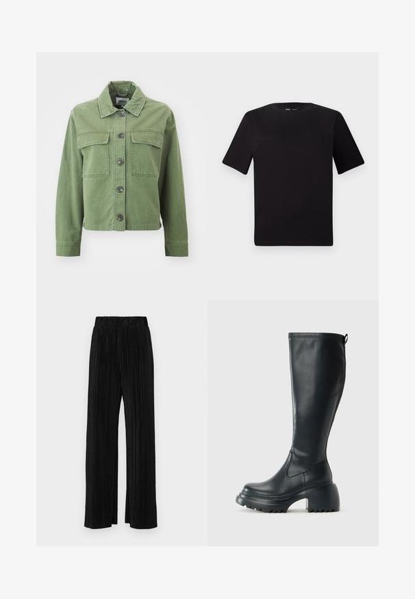 Groene denimjack met een kraag, knoopsluiting aan de voorkant, twee borstzakken en lange mouwen met knoopmanchetten. Soepele textuur en cropped ontwerp.; Zwarte T-shirt met korte mouwen en een ronde hals, gemaakt van zachte katoenstof. Eenvoudig ontwerp, geen zichtbare logo's of patronen.; Zwarte geplooide broek met een elastische tailleband. Beschikt over wijde pijpen en een glad, gestructureerd stof met verticale strepen.; Hoge zwarte leren laars met een chunky plateauzool en blokhak, voorzien van een trekband en een gestructureerd profiel op de buitenzool.
