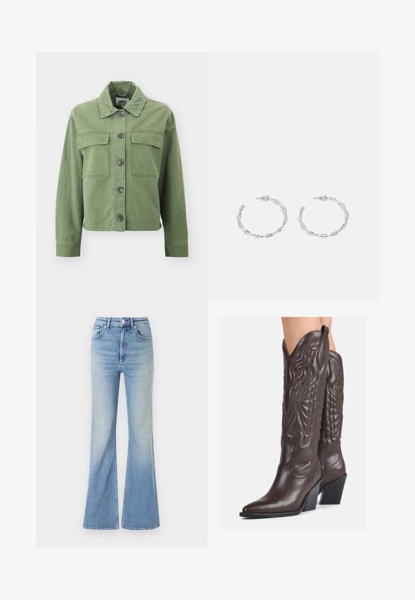 Green denim jacket featuring a collar, button-up front, two chest pockets, and long sleeves with button cuffs. Smooth texture and cropped design.; White sleeveless tank top made of ribbed fabric, featuring a rounded neckline and a fitted silhouette, with minimal seams and no embellishments.; Light blue flared jeans made of denim, featuring a high waist, five-pocket design, and subtle gradient fading towards the hem.; Brown leather cowboy boots with pointed toe and block heel, featuring detailed stitching and raised accents on the shaft.; Silver hoop earrings with a twisted design, featuring a polished finish and post-back closure. Measure approximately 3 cm in diameter.
