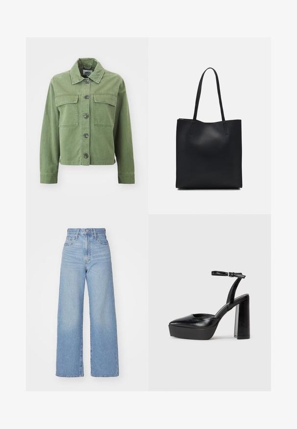 Grön denimjacka med krage, knäppning fram, två bröstfickor och långa ärmar med knäppning vid ärmsluten. Slät textur och kort design.; Vit t-shirt med kort ärm i bomull. Har en rundad halsringning och en avslappnad passform. Slät textur utan synliga mönster eller detaljer.; Ljusblå högmidjade vida jeans med knapp- och dragkedjestängning, fram- och bakfickor, mot en vit bakgrund.; Svarta plattformsskor med spetsig tå och justerbart vristband. Tillverkade av mjukt läder, med en kraftig blockklack.; Svart lädertoffelväska med slät textur, rektangulär form och två långa handtag. Ingen synlig hårdvara eller dekorationer.