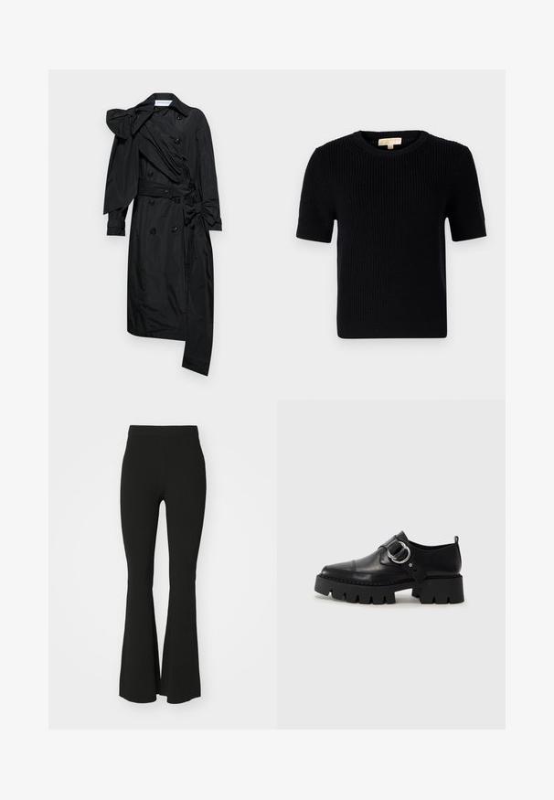Viktor&Rolf - Prochowiec; Czarny, dziany sweter z krótkim rękawem o okrągłym dekolcie. Posiada ribbowaną strukturę i prostą linię dołu. Metka na wewnętrznym kołnierzyku.; Czarne spodnie typu dzwon z elastycznego materiału, charakteryzujące się wysokim stanem i gładką, nieozdobioną powierzchnią. Prosty i dopasowany fason.; Czarne skórzane buty z masywną, żebrowaną podeszwą, z okrągłym akcentem ze srebrnego metalu i minimalnymi detalami szwów.