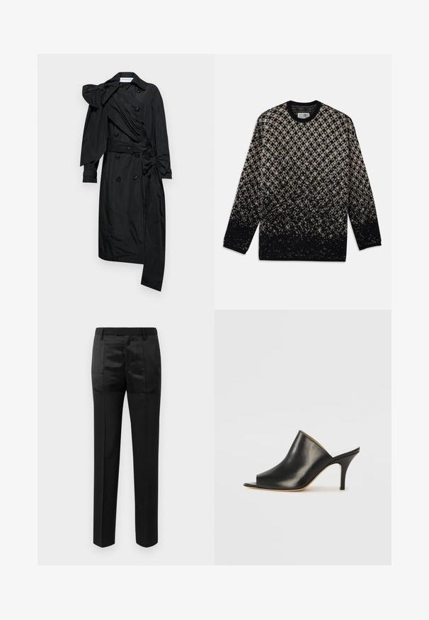 Viktor&Rolf DRAPE BOW - Trench - black; Maglione lavorato a maglia con un motivo a rombi in beige e nero, con una sfumatura di colore graduale. Collo a giro e maniche lunghe. Texture morbida.; Pantaloni neri su misura con gamba dritta e una vita con passanti per cintura, caratterizzati da un mix di pannelli di tessuto opaco e lucido.; Mule aperto in pelle nera con un design elegante e curvo, tacco a stiletto alto e superficie liscia. L'interno presenta un colore chiaro a contrasto.