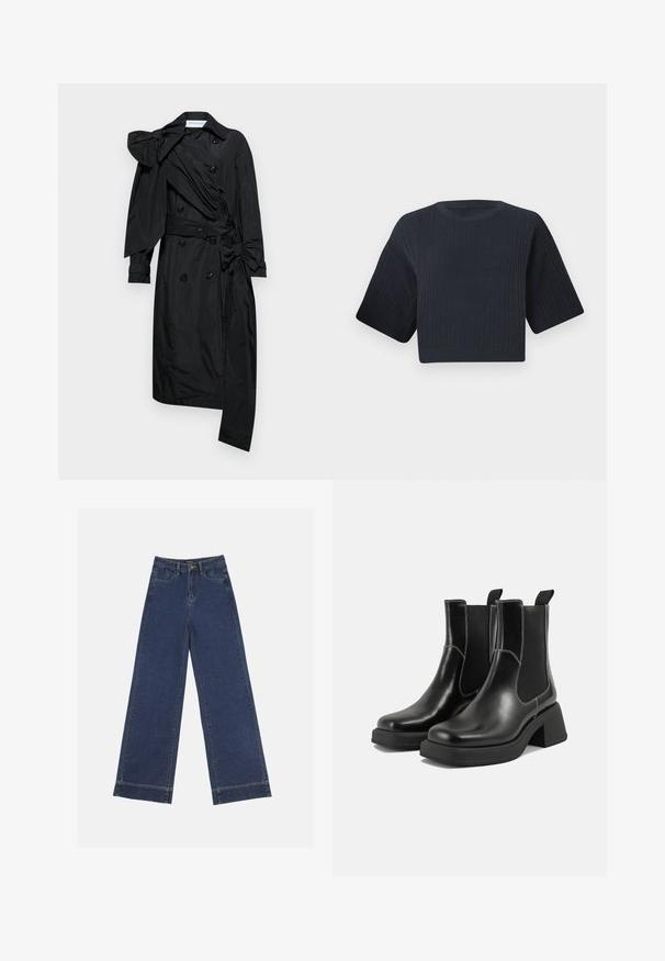 Viktor&Rolf DRAPE BOW - Trench - black; Pull en maille noir marine raccourci avec une texture côtelée, des manches courtes et larges, et un col rond. Design simple, sans motifs ni accents visibles.; Jeans à jambes larges en denim bleu foncé. Comprend cinq poches, des passants de ceinture et un ourlet brut en bas avec des détails de couture visibles.; Bottes Chelsea en cuir noir avec un talon épais, des panneaux latéraux élastiques et des coutures blanches contrastantes. Fini texturé.