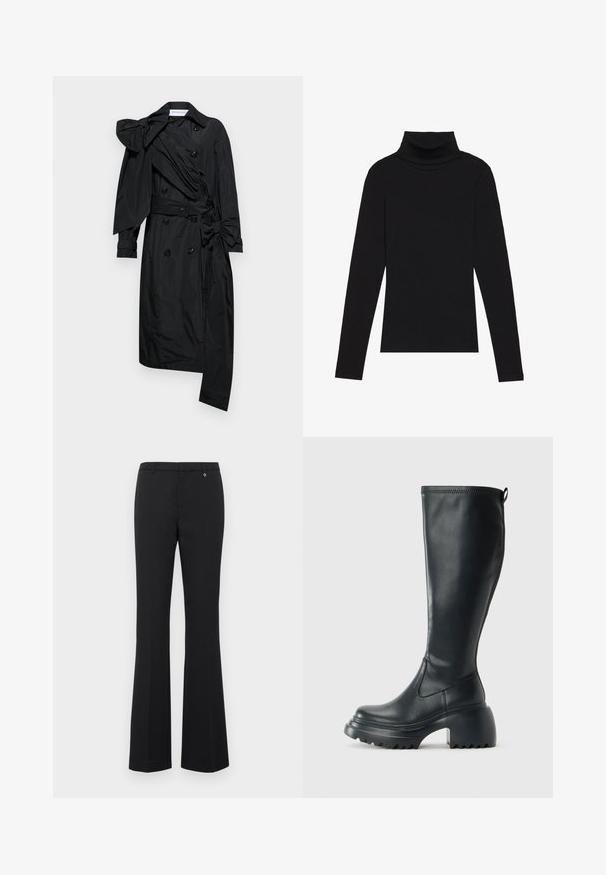 Viktor&Rolf DRAPE BOW - Trenci - black; Cămășuță neagră cu guler înalt, dintr-un material cu dungi, cu un design aderent, fără modele sau accente.; Pantaloni negri evazați dintr-un material neted. Talie medie cu bucle pentru curea, față plată și un mic accent auriu lângă talie.; Cizme lungi din piele neagră cu talpă platformă masivă și tocul pătrat, având un tab de tragere și un model texturat pe talpa exterioară.