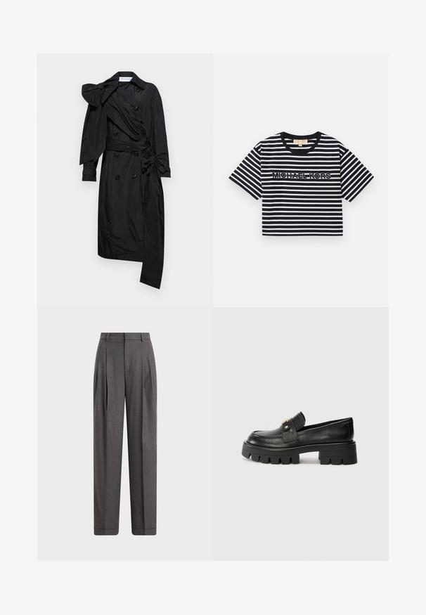 Viktor&Rolf DRAPE BOW - Trenci - black; Tricou scurt, cu mânecă scurtă, croc cu dungi alb-negru, având logo-ul "MICHAEL KORS" brodat în contrast, cu guler rotund.; Pantaloni gri croiți, cu talie înaltă, design plisat și picioare largi. Fabricați dintr-un material texturat cu un finisaj neted.; Mocasini negri din piele cu o talpă groasă, având un accent aurit în față și un finisaj neted. Design cu ștanțare groasă pe talpă.