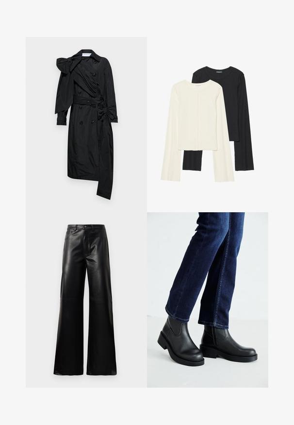 Viktor&Rolf DRAPE BOW - Trenchcoat - black; Set of two long-sleeve tops in white and black. Ribbed texture, round neck, fitted design with slightly flared sleeves.; Black high-waist wide-leg faux leather pants with front button, zip closure, belt loops, and side pockets on white background.; Black leather ankle boots with a chunky sole and side elastic panels, paired with dark blue jeans. The ground is light-colored.