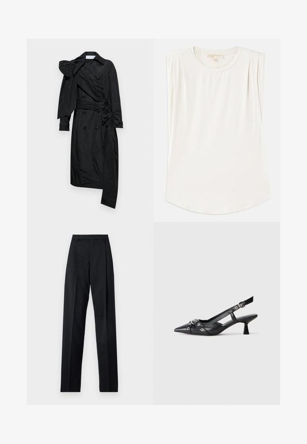 Viktor&Rolf DRAPE BOW - Trenchcoat - black; White sleeveless top made of smooth fabric, featuring a round neck and subtle pleats on the shoulders, with a curved hemline.; Black trousers made from smooth fabric featuring a high waist, wide legs, front pleats, and classic belt loops. No side pockets visible.; Black leather slingback shoe with a pointed toe, decorative straps featuring metal eyelets, and a low block heel. Textured surface.