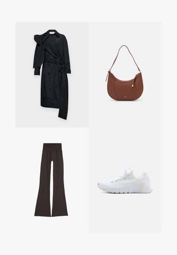 Viktor&Rolf DRAPE BOW - Trenchcoat - black; Brun langærmet indpakningsbluse med dyb V-udskæring og sideknude-detalje. Fremstillet af blødt, strækbart stof med en glat overflade.; Mørkebrun flare leggings med en bred, ribbet taljebånd. Lavet af blødt, strækbart materiale, med et sømløst design og ingen synlig hardware.; Hvid atletiksko med en tekstureret overdel, flad snørebåndslukning og fremtrædende gummisål med lodrette riller. Har et logo på siden.; Brun faux læder skuldertaske med buet form, minimal syning og en guldtonet hardwaredetalje. Har en top lynlåslukning og justerbar rem.