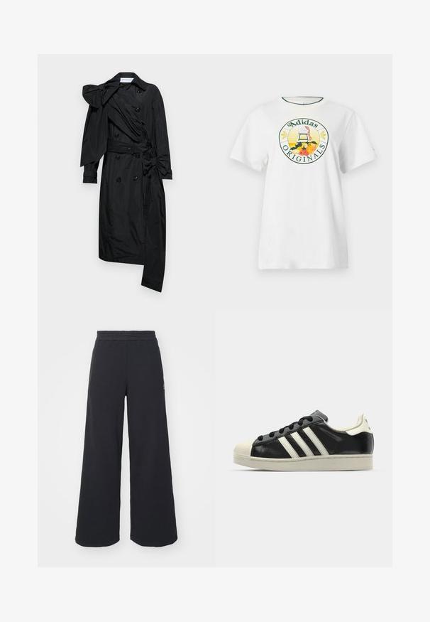 Viktor&Rolf DRAPE BOW - Šineļveida mētelis - black; Balts kokvilnas t-krekls ar īsām piedurknēm, kuram ir apaļš grafiskais logotips zaļā un dzeltenā krāsā, attēlojot "Adidas Originals" un augļu dizainus.; Melni platās svārku bikses, izgatavotas no mīksta auduma, ar elastīgu jostas daļu un mazu logotipu kreisajā pusē.; Melna ādas sporta apava ar baltām svītrām, gumijas purngala aizsardzību, melnām auklām un krēma krāsas zoli. Gluda tekstūra ar spīdīgu apdari.