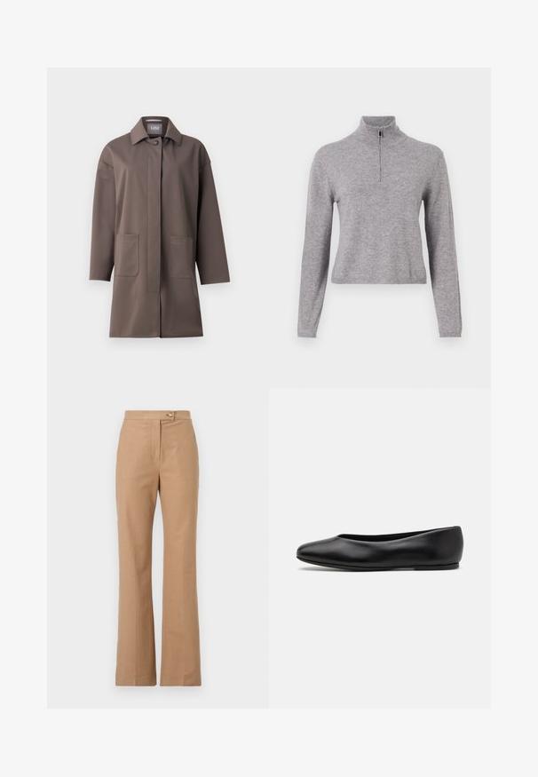 Brown, mid-length coat with a classic collar, button closure, and two front pockets. Made from smooth, structured fabric with a tailored fit.; Gray knit sweater with a high collar and front zipper. Features long sleeves and a slightly cropped length. Smooth texture and ribbed hem.; Beige tailored trousers with a flared silhouette, made from smooth fabric, featuring a front button closure and two side pockets.; Paul Smith TOPANGA - Ballet pumps - black