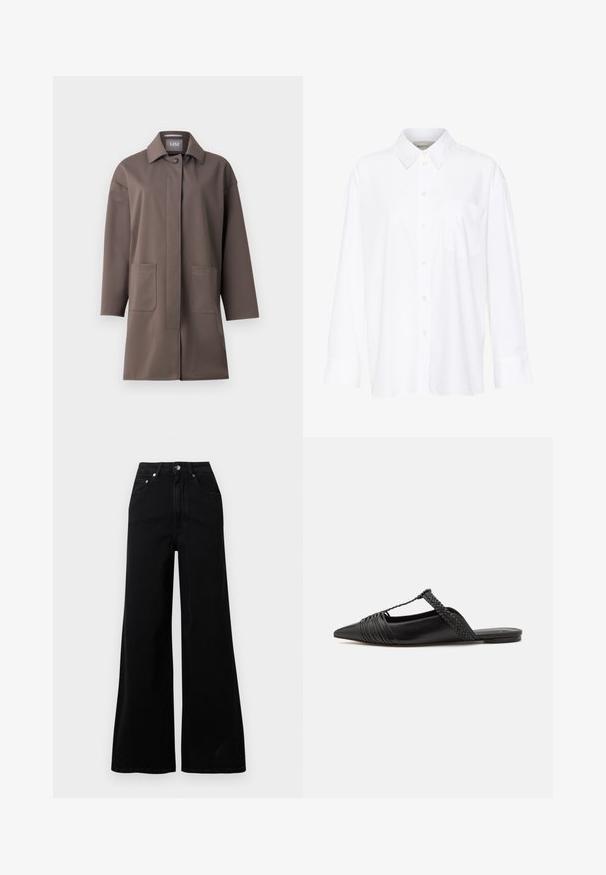 Bruine, middellange jas met een klassieke kraag, knoopsluiting en twee voorkruisen. Gemaakt van gladde, gestructureerde stof met een taillerende pasvorm.; Witte lange mouwen overhemd met kraag van katoen. Voorzien van een knoopsluiting aan de voorkant en een enkele borstzak. Een gladde textuur en een ontspannen pasvorm.; Zwarte jeans met wijde pijpen van denim, voorzien van een hoge taille, vijf zakken, een knoopsluiting aan de voorkant en minimale stikseldetails.; Zwarte leren slingback schoen met een puntige neus, voorzien van een gevlochten accent en geplooid ontwerp aan de bovenkant. Platte zool met minimale hardware.