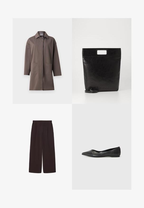 Brauner, mittellanger Mantel mit klassischem Kragen, Knopfverschluss und zwei vorderen Taschen. Hergestellt aus glattem, strukturiertem Stoff mit taillierter Passform.; Weißes Langarmhemd mit Kragen aus Baumwolle. Verfügt über eine durchgehende Knopfleiste und eine Brusttasche. Glatte Textur, lockere Passform.; Dunkelbraune weite Hosen aus leichtem Stoff, mit hoher Taille, Falten und zwei Seitentaschen, sowie einem elastischen Bund.; Schwarze Leder-Ballerinas mit spitzem Zehenbereich, niedrigem Absatz und glatter Textur. Minimalistisches Design mit einem dezenten seitlichen Akzent.; Schwarze Leder-Tote-Tasche mit einem quadratischen Griff, ausgestattet mit einer strukturierten Oberfläche und geprägtem Logo. Inklusive abnehmbarem Tragegurt.