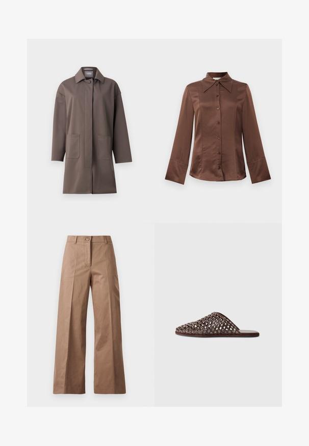 Ruskea, keskipitkä takki, jossa on klassinen kaulus, napitettava sulku ja kaksi etutaskua. Valmistettu sileästä, rakenteellisesti muotonsa pitävästä kankaasta, jossa on räätälöity istuvuus.; Ruskea satiinipaita, jossa on klassinen kaulus, pitkät hihat ja etupainonappi. Tunnetaan sileästä tekstuuristaan ja muotoonommellusta istuvuudestaan.; Ruske leve-legged hlače iz gladkega materiala, z sprednjim gumbom, dvema sprednjima žepoma in čistimi, krojenimi linijami.; Ruske kudrane natikače s zaobljenim nosom, odprtim dizajnom, ravnim podplatom in teksturirano površino. Lahek material in minimalistična silhueta.