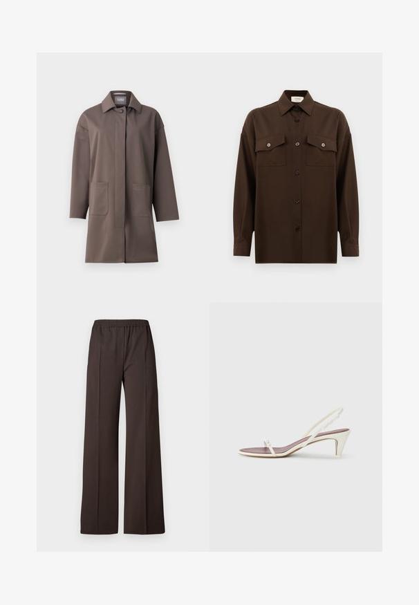 Brauner, mittellanger Mantel mit klassischem Kragen, Knopfverschluss und zwei vorderen Taschen. Hergestellt aus glattem, strukturiertem Stoff mit taillierter Passform.; Dunkelbraunes Langarmhemd mit Knopfleiste, zwei Brusttaschen mit Klappe und klassischem Kragen, vor einem schlichten weißen Hintergrund präsentiert.; Weite Hosen aus dunkelbraunem Stoff mit einem elastischen Taillenbund, die eine glatte Textur und klare Linien für einen eleganten Look aufweisen.; Weiße Slingback-Sandalen mit einem leichten Absatz, dünnen Riemen und einer glatten Ledertextur; verfügen über eine kleine dekorative Schnalle.