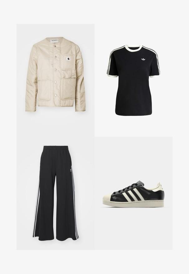 Beige polstret jakke med rund hals, frontknaplukning, to store lommer og et lille logo-patch på brystet. Glat, isoleret tekstur.; Sort bomulds t-shirt med hvide detaljer på kraven og ærmerne, præget af tre hvide striber på hver skulder og et lille logo på brystet.; Sorte brede sweatpants med elastisk talje, med hvide sidelommer og et broderet logo på venstre lår.; Sort lædersneakers med hvide striber, gummitåkap, sorte snørebånd og en cremefarvet ydersål. Glat tekstur med blank overflade.
