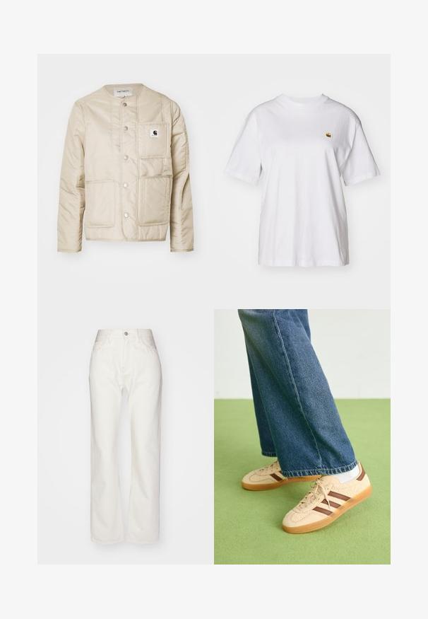 Beige polstret jakke med rund hals, frontknaplukning, to store lommer og et lille logo-patch på brystet. Glat, isoleret tekstur.; Hvid bomulds-t-shirt med en afslappet pasform, korte ærmer og et lille broderet logo på venstre brystområde.; Hvide denimbukser med høj talje og bred benpasform. Har en knap- og lynlåslukning, bæltesløjfer og subtile syninger.; Beige sneakers med teksturerede cremefarvede paneler og brune striber, parret med blå denim jeans. Jeansene har brede ben og en frynset kant.
